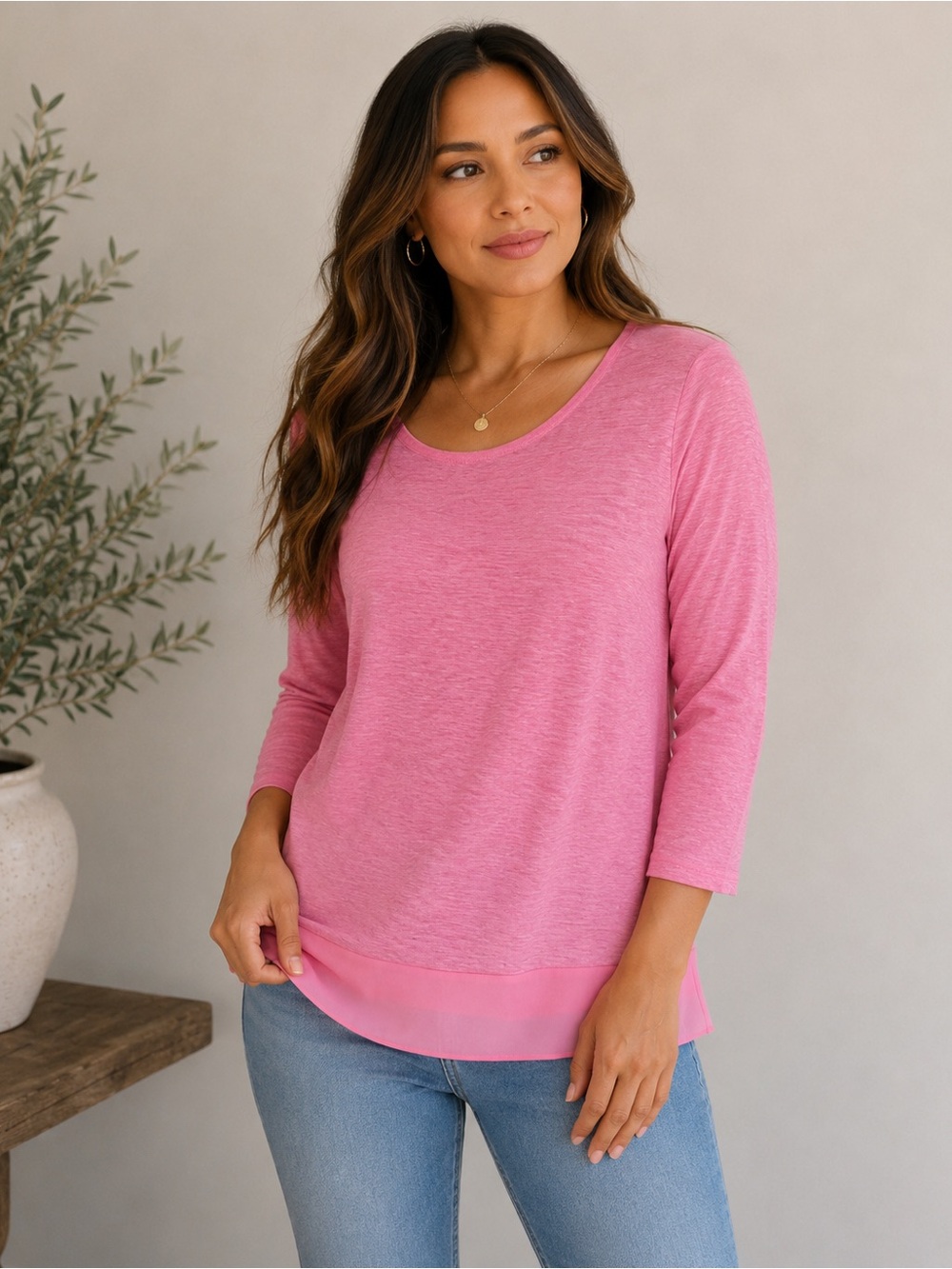 Lauren Ralph Lauren 100% Linen Pink Long Sleeve Top with Chiffon Hem Size Large